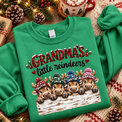Personalized Grandma Sweatshirt with Cute Peeking Reindeer, Red Plaid Christmas Design, Unique Gift for Grandma