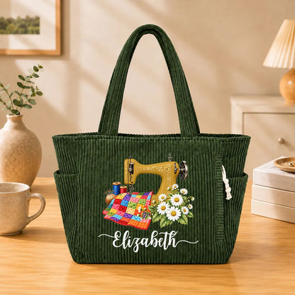 Personalized Corduroy Side Pocket Tote, Floral Sewing Machine Design, Unique Gift for Sewing Lovers