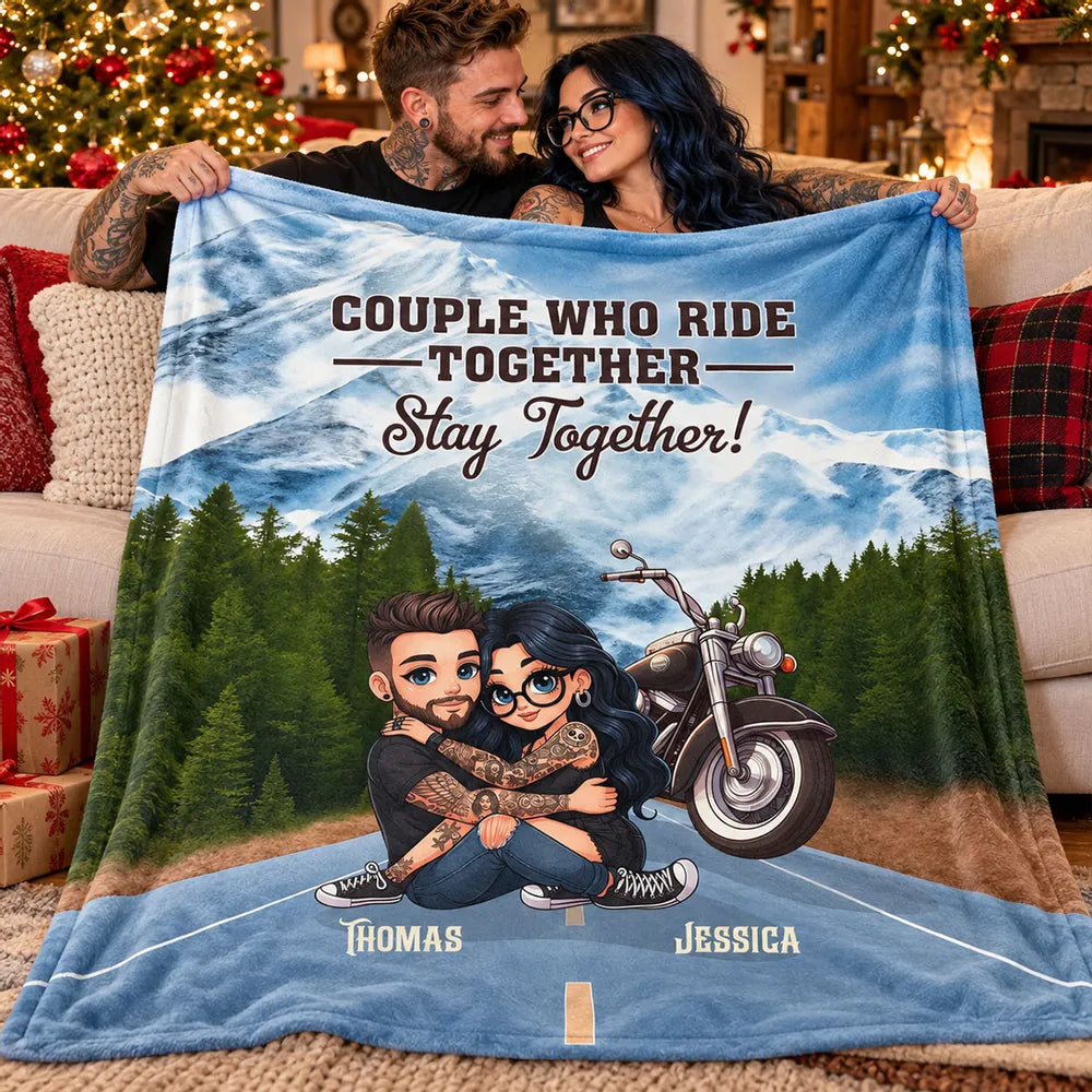Personalized Fleece Blanket with Hugging Biker Couple at Sunset, Creative Unique Gift for Motorcycle Partners