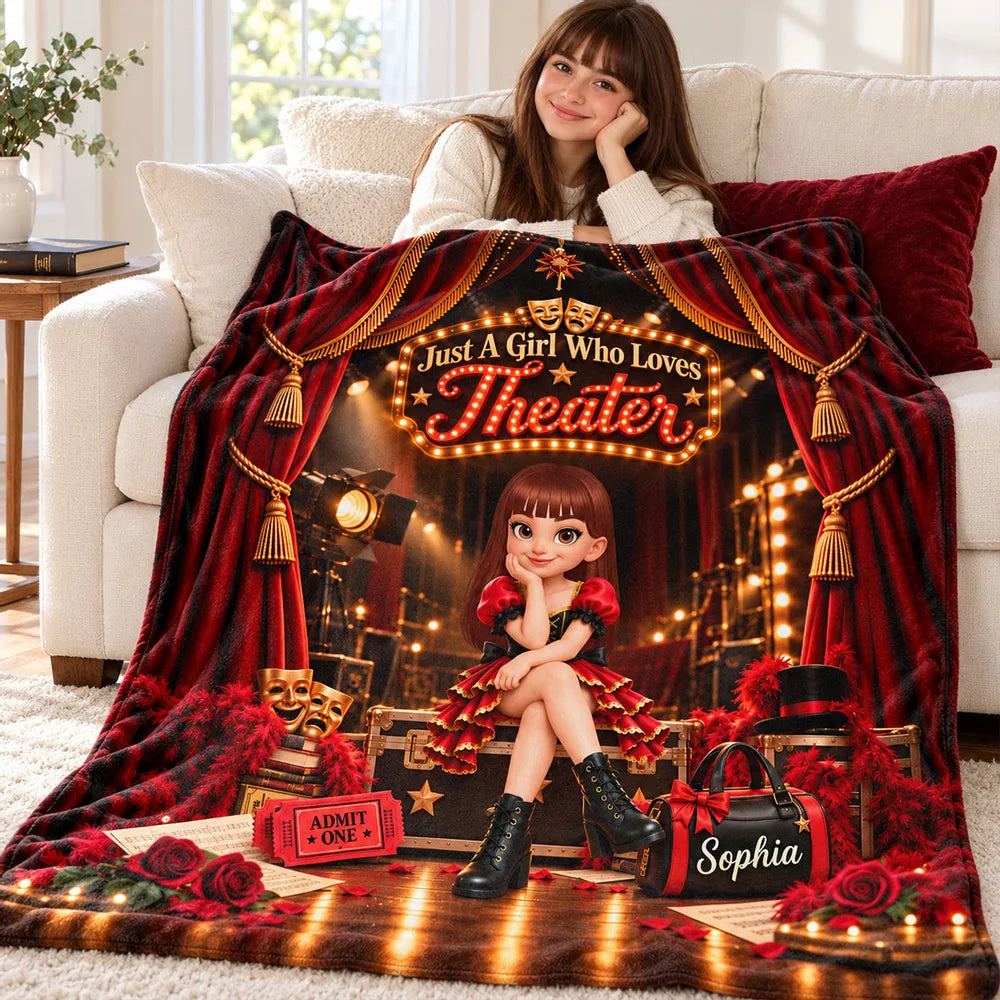 Personalized Fleece Blanket with Theater Girl and Marquee Stage, Unique Gift for Daughter or Granddaughter