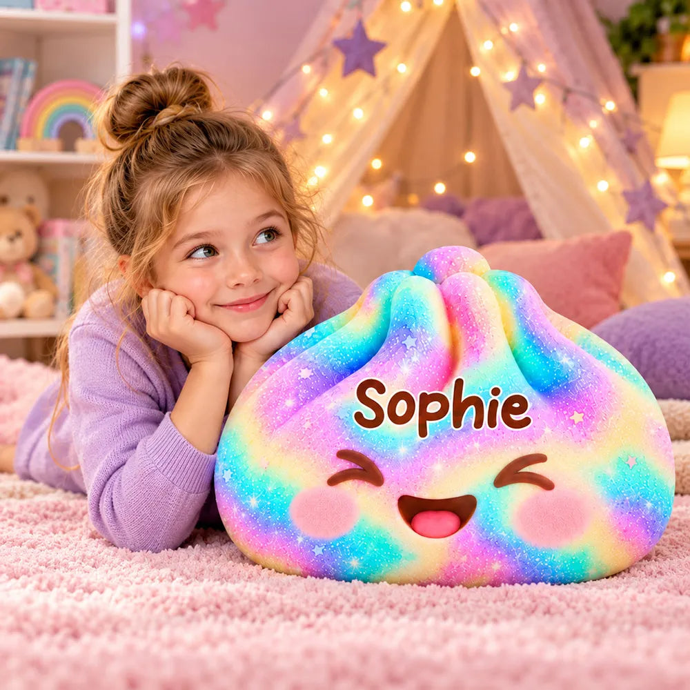 Personalized Rainbow Shaped Pillow, Cute Smiling Character Hugged by a Child, Unique Gift for Kids