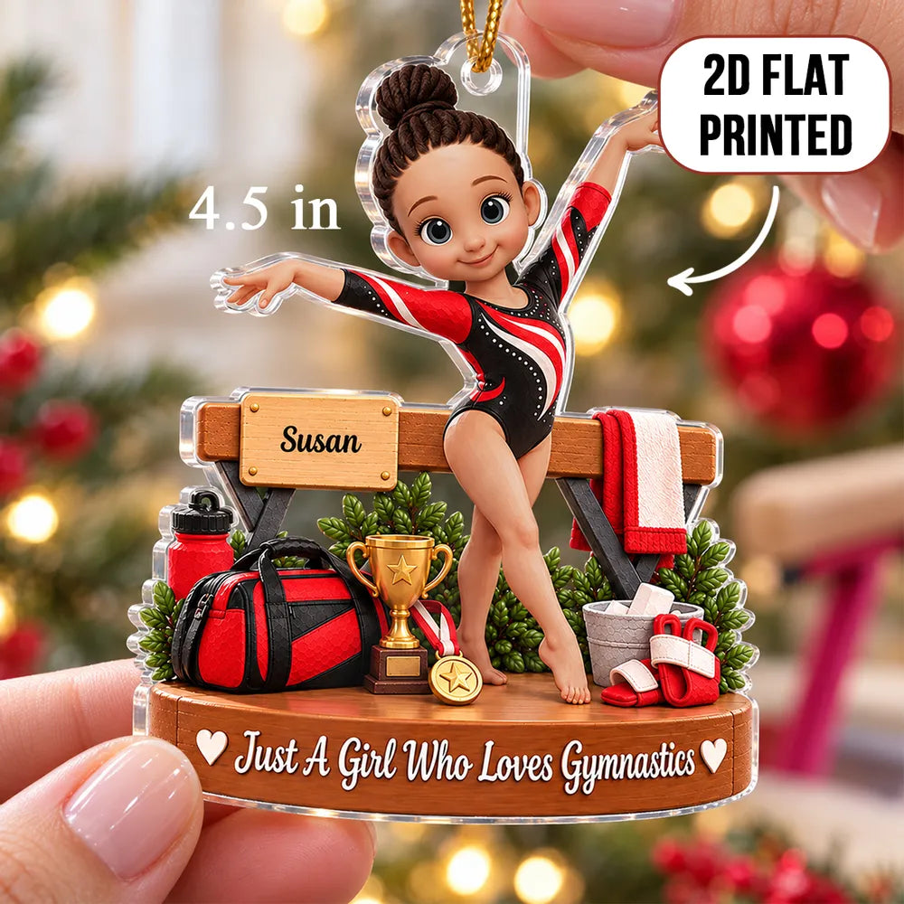 Just a Girl Who Loves Gymnastics Personalized Acrylic Ornament, Gymnast Posing with Trophy, Creative Gift for Young Gymnast