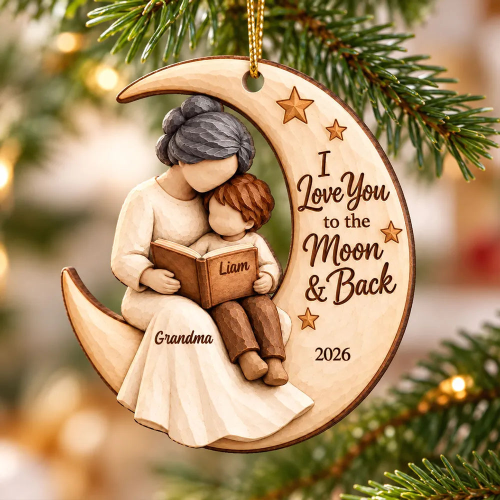 Personalized Wooden Ornament, Grandma & Grandchild Reading on Moon, Unique Christmas Gift for Grandkids