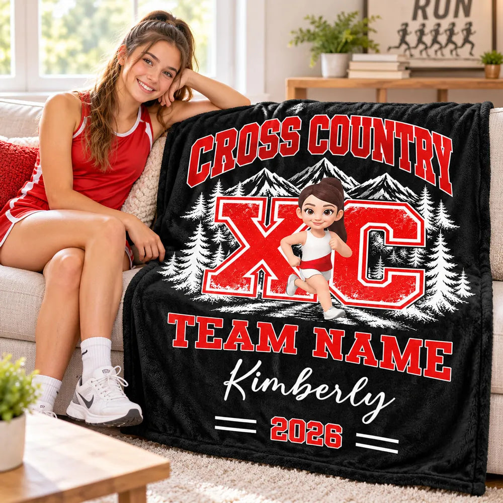 Cross Country Fleece Blanket, Personalized Team Spirit Artwork, Creative Gift for Runners and Grandkids