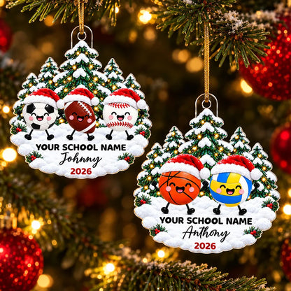 Personalized Acrylic Ornament, Cute Sports Balls in Santa Hats, Christmas Tree Decor, Unique Gift for Kids