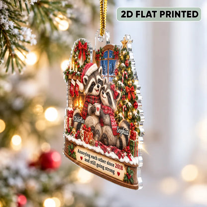 Personalized Acrylic Ornament, Funny Raccoon Couple Decorating a Christmas Tree, Unique Gift for Couples