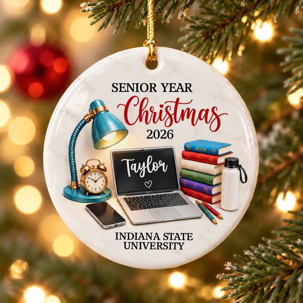 Personalized Ceramic Ornament, Teal Study Desk Senior Year Christmas Keepsake, Unique Graduation Gift for Student