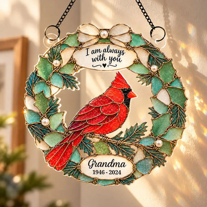 Personalized Acrylic Suncatcher Ornament, Red Cardinal Wreath for a Sunlit Window, Unique Memorial Gift for Family
