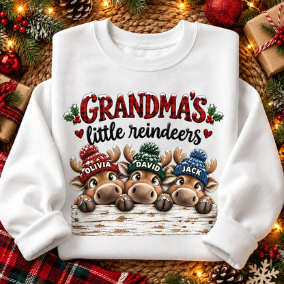Personalized Grandma Sweatshirt with Cute Peeking Reindeer, Red Plaid Christmas Design, Unique Gift for Grandma