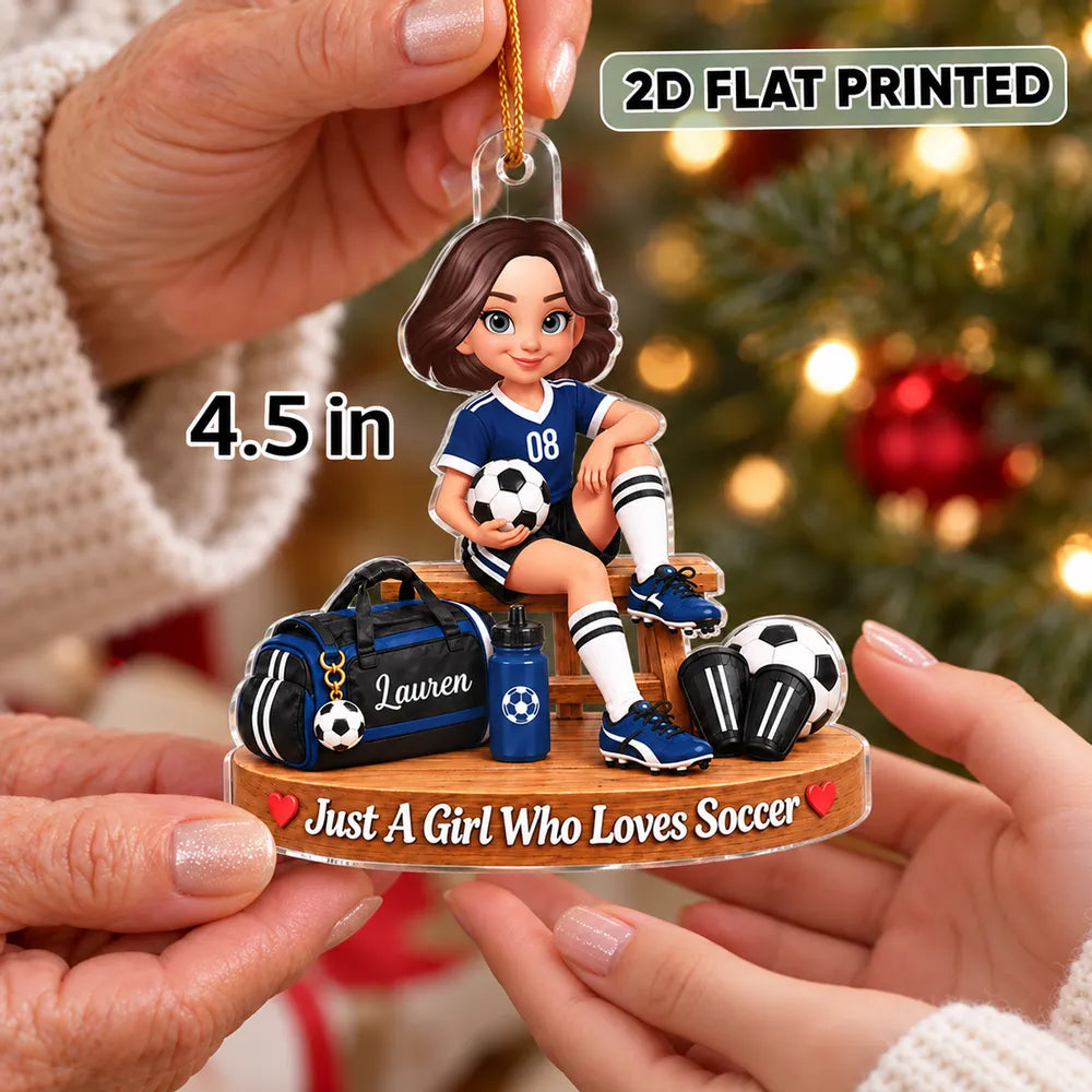 Personalized Acrylic Ornament, Seated Soccer Girl Holding a Ball, Unique Christmas Gift for Daughter
