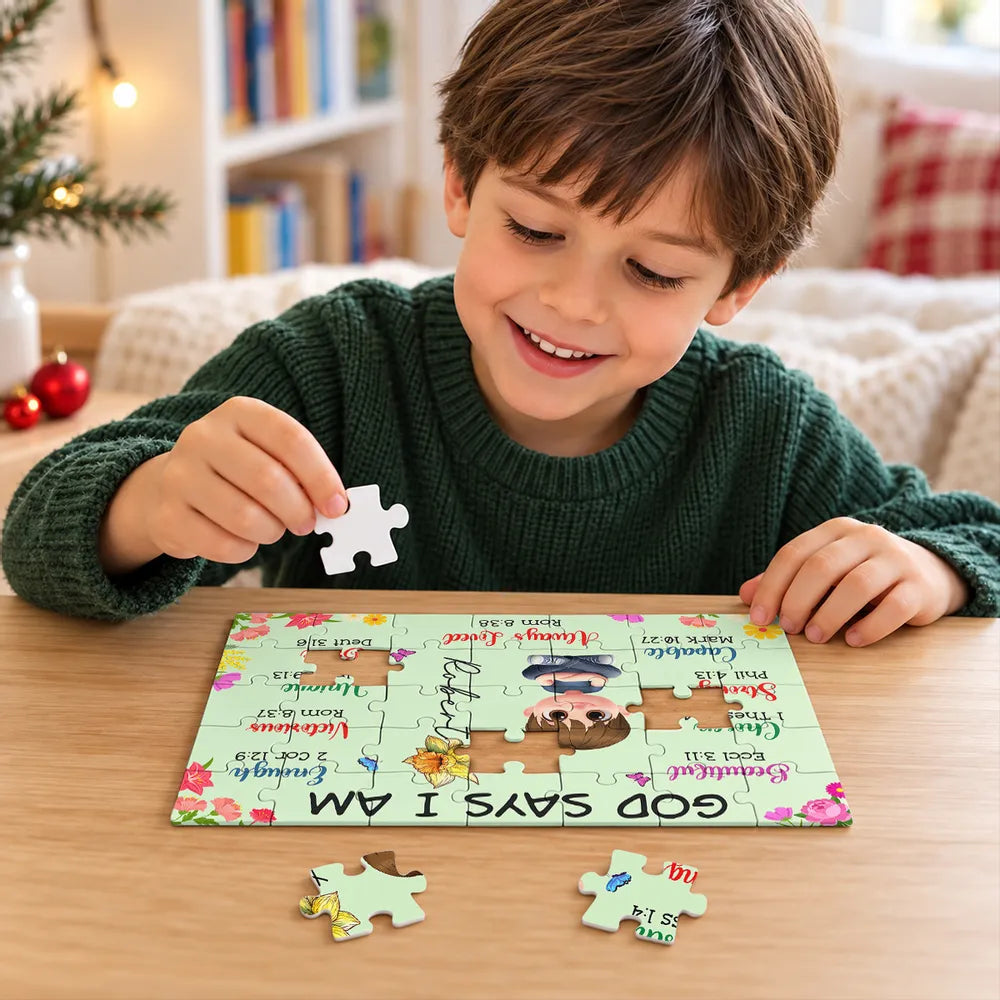 Personalized Wooden Puzzle with Bible Affirmations, Child Assembling Floral Art, Unique Creative Gift for Kids