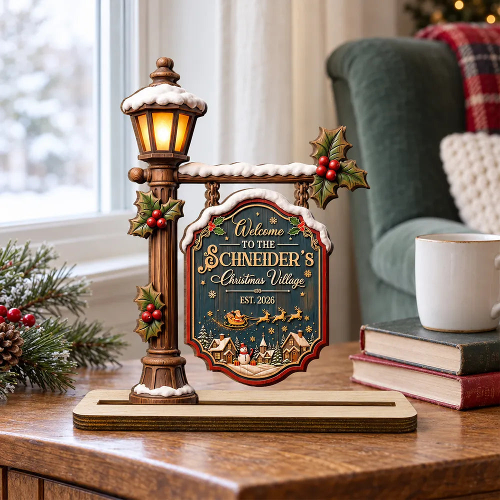 Personalized 2-Layer Wooden Plaque, Snowy Christmas Village, Unique Family Gift for Parents and Grandparents