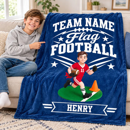 Personalized Flag Football Fleece Blanket, Running Player Design, Unique Gift for Young Athletes