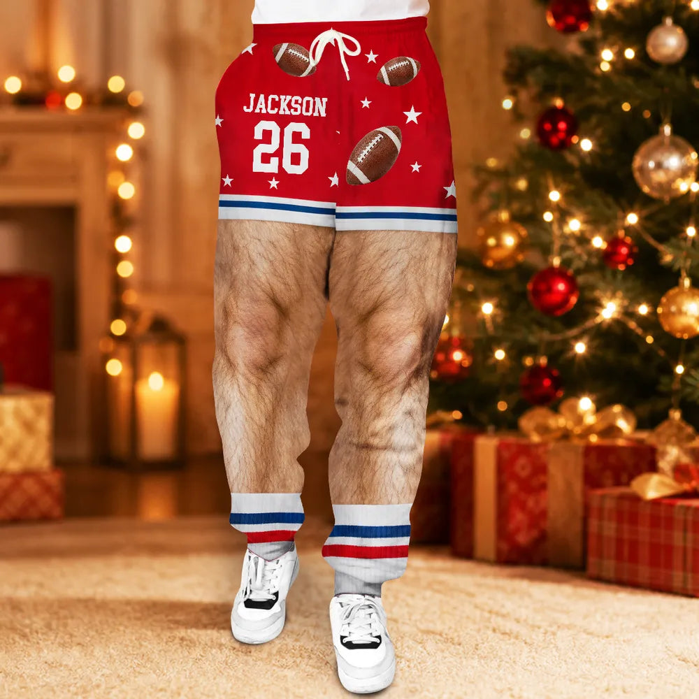 Personalized Men's Sweatpants, Funny Football and Hairy Leg Illusion, Unique Gift for Sports Fans