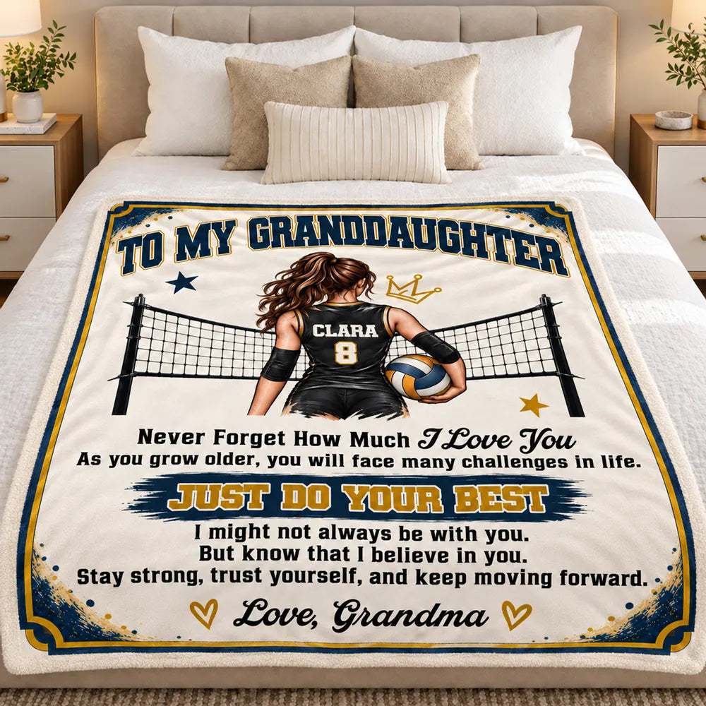Personalized Fleece Blanket, Navy and Gold Volleyball Player by Net, Unique Gift for Granddaughter
