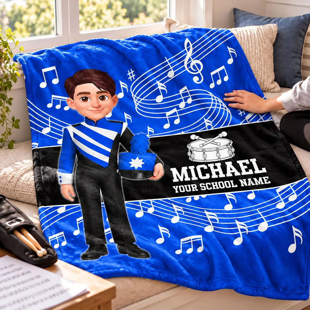 Personalized Fleece Blanket with Standing Marching Band Girl and Trumpet, Unique Gift for Music Students