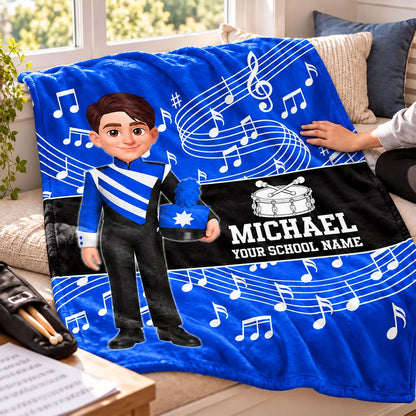 Personalized Fleece Blanket with Standing Marching Band Girl and Trumpet, Unique Gift for Music Students