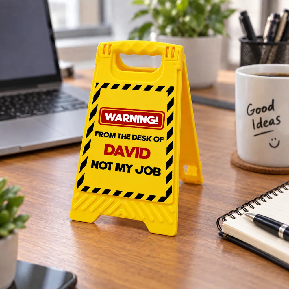Personalized Warning Sign Phone Stand, Bold Yellow Office Desk Decor, Creative Gift for Coworker