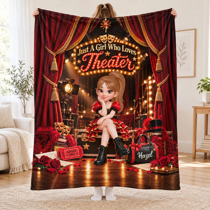 Personalized Fleece Blanket with Theater Girl and Marquee Stage, Unique Gift for Daughter or Granddaughter