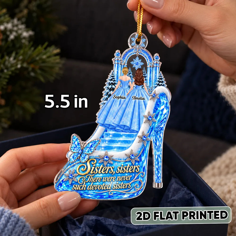 Personalized Acrylic Ornament, Sisters Standing by a Snowy Palace in a Princess Heel, Unique Christmas Gift for Sister