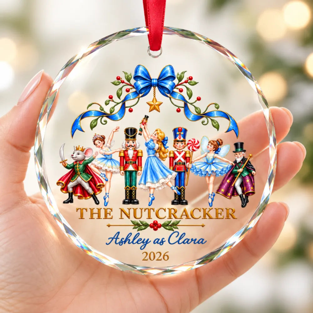 Personalized Nutcracker Crystal Ornament, Ballet Dancers Beneath a Blue Bow, Unique Christmas Gift for Dancers