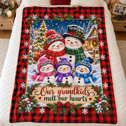 Personalized Fleece Blanket, Smiling Snowman Grandparents & Grandkids in Snowy Christmas Village, Unique Family Gift