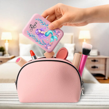 Personalized LED Pocket Mirror with Seated Mermaid and Resting Unicorn, Unique Gift for Girls
