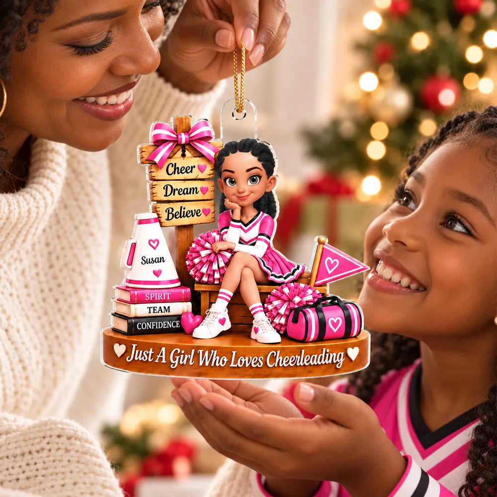 Personalized Acrylic Ornament, Seated Cheerleader with Pom-Poms, Unique Christmas Gift for Daughter