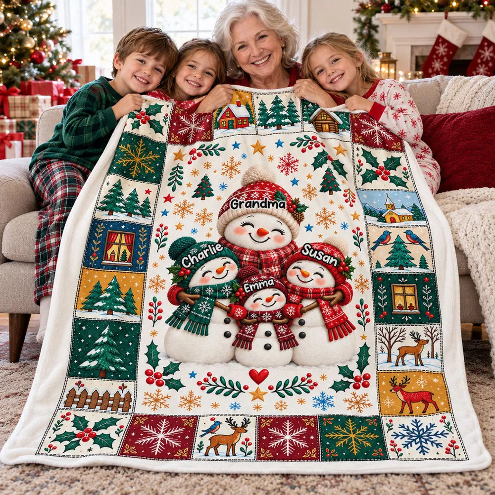 Personalized Fleece Blanket, Heartwarming Snowman Family Hug in Colorful Winter Art, Creative Gift for Grandma and Grandkids