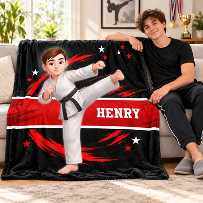 Personalized Fleece Blanket, Karate Kid High Kick in Red and Black, Unique Gift for Son or Daughter