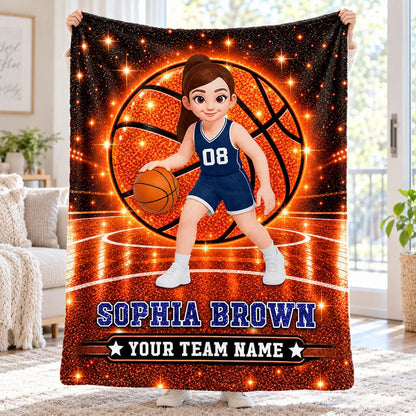 Personalized Fleece Blanket, Cartoon Basketball Girl Dribbling on Sparkling Court, Unique Gift for Daughter