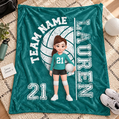 Personalized Volleyball Fleece Blanket, Black and Red Cartoon Player Holding a Ball, Unique Gift for Daughter