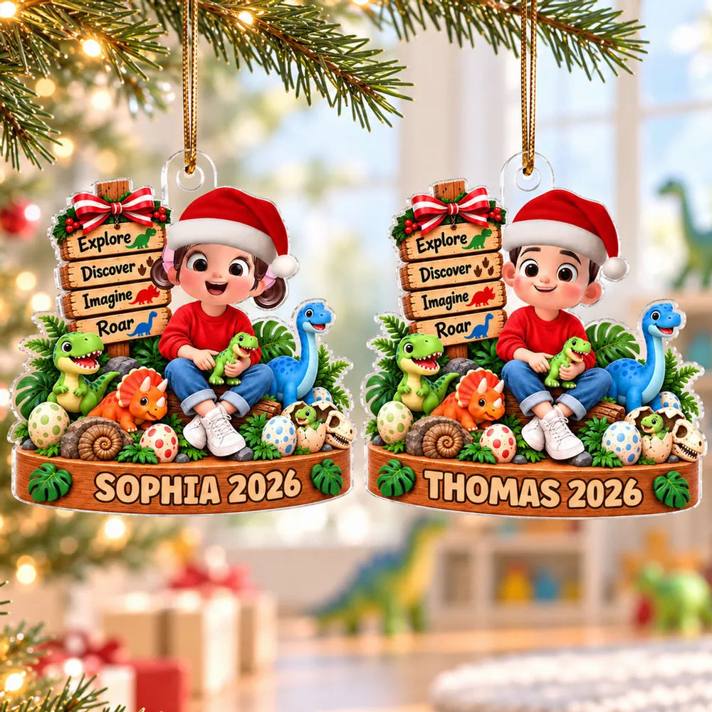Personalized Acrylic Ornament, Sitting Child With Colorful Dinosaurs, Unique Christmas Gift for Young Fans