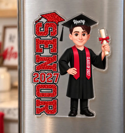 Personalized Acrylic Magnet, Red and Black Graduate Holding Diploma, Unique Graduation Gift for Daughter, Son