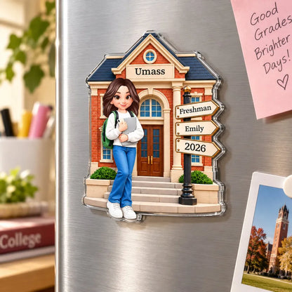 Personalized Acrylic Magnet, Student Holding a Notebook at Campus, Unique Freshman Gift