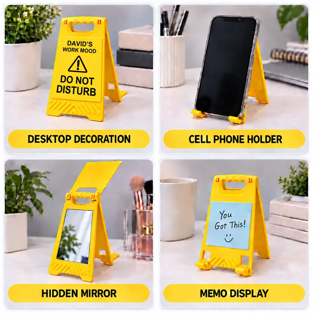 Personalized Warning Sign Phone Stand, Yellow Office Desk Decor, Unique Gift for Coworker