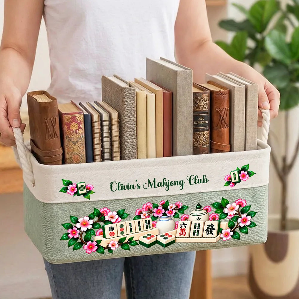 Personalized Rope Basket with Floral Mahjong Art, Warm Neutral Storage and Unique Gift for Players
