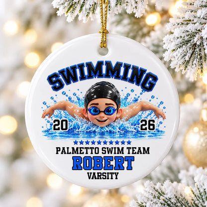 Personalized Swimming Ceramic Ornament, Colorful Swimmer in Action, Unique Christmas Gift for Son or Daughter