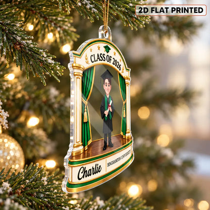 Personalized Acrylic Ornament, Female Graduate on Stage, Red and Gold Unique Creative Christmas Gift for Graduate