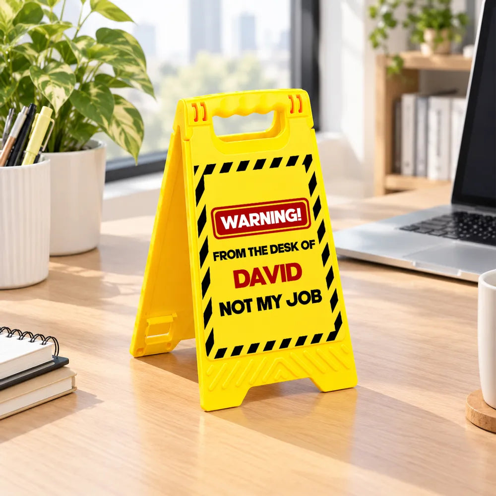Personalized Warning Sign Phone Stand, Bold Yellow Office Desk Decor, Creative Gift for Coworker