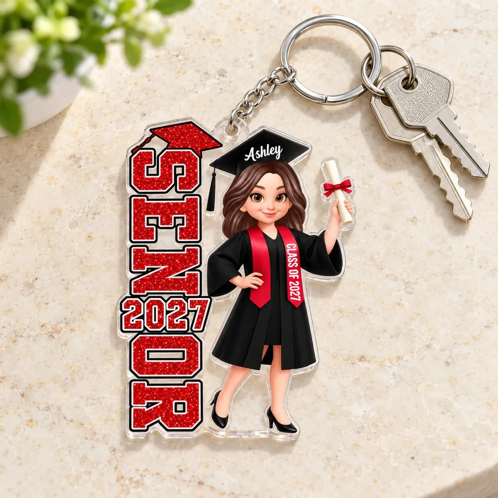 Personalized Acrylic Keychain, Red and Black Cartoon Graduate Holding Diploma, Unique Graduation Gift for Her
