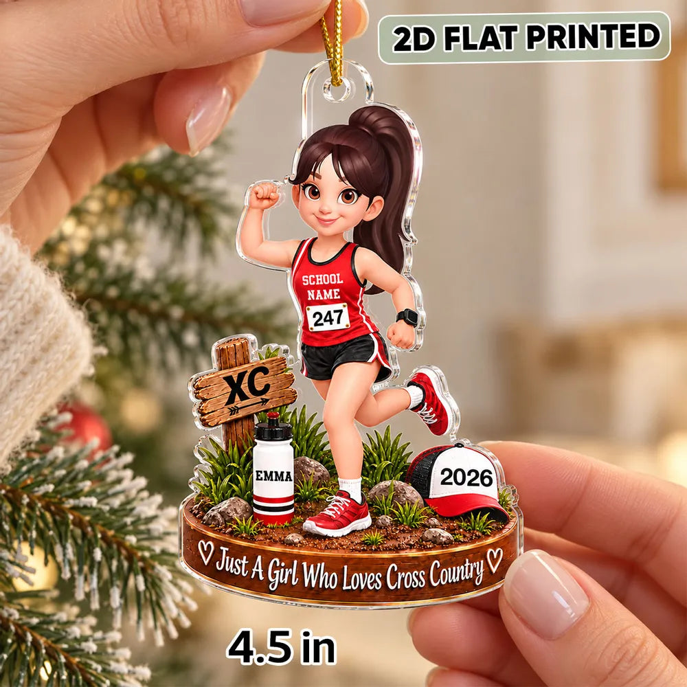 Personalized Acrylic Ornament, Colorful Cartoon Cross-Country Runner on a Trail, Unique Christmas Gift for Daughter