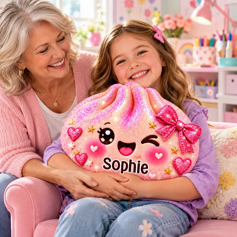 Personalized Shaped Pillow, Cute Winter Character Hugged by Smiling Kids, Unique Gift for a Cozy Bedroom
