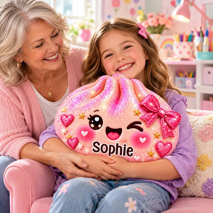 Personalized Shaped Pillow, Cute Winter Character Hugged by Smiling Kids, Unique Gift for a Cozy Bedroom