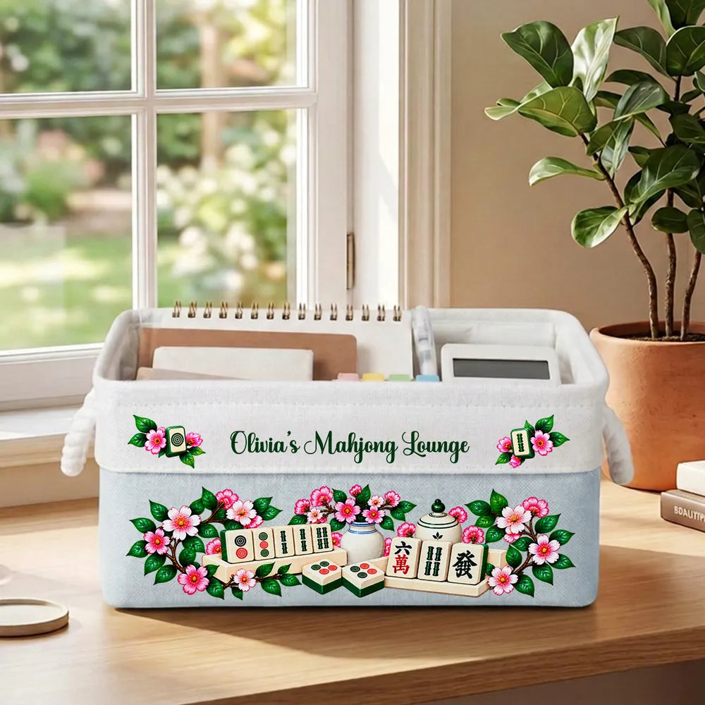 Personalized Rope Basket with Floral Mahjong Art, Warm Neutral Storage and Unique Gift for Players