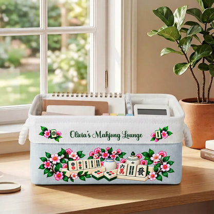 Personalized Rope Basket with Floral Mahjong Art, Warm Neutral Storage and Unique Gift for Players