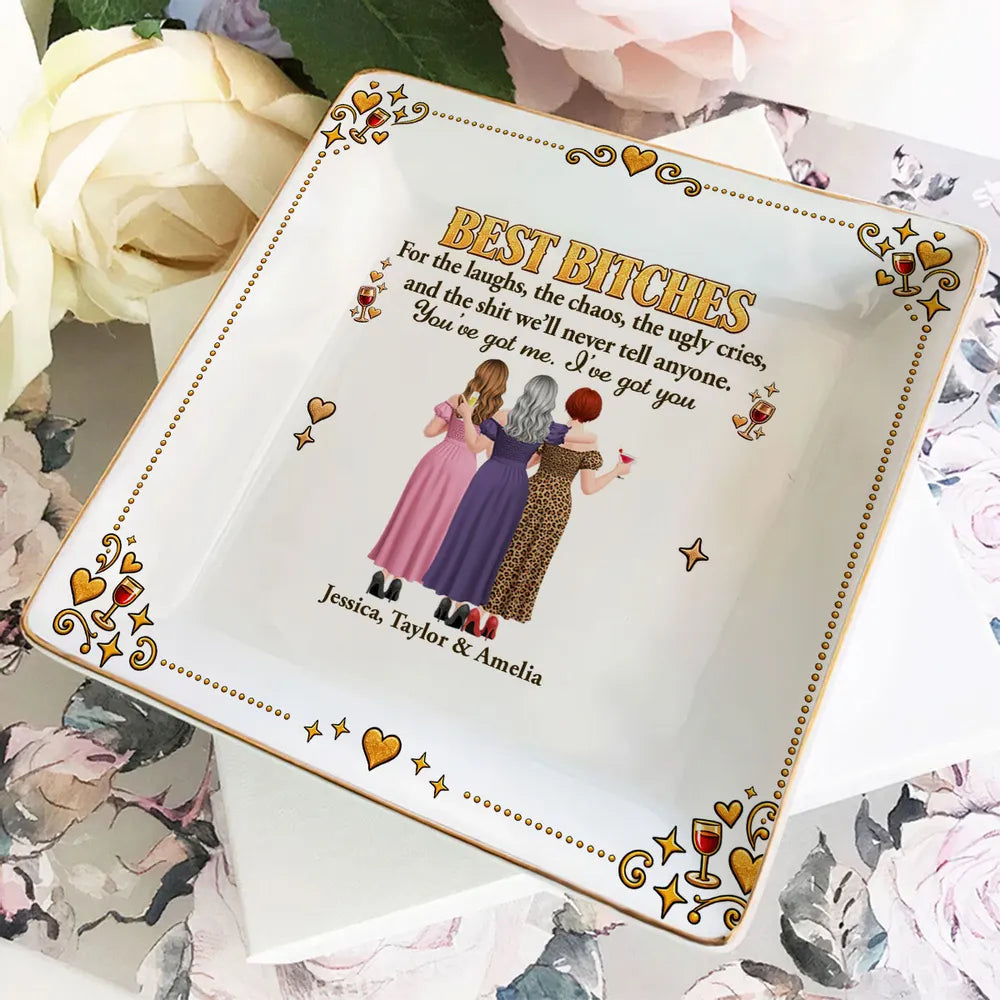 Personalized Jewelry Dish, Arm in Arm Friends with Wine, Gold Accent Unique Gift for Close Friends