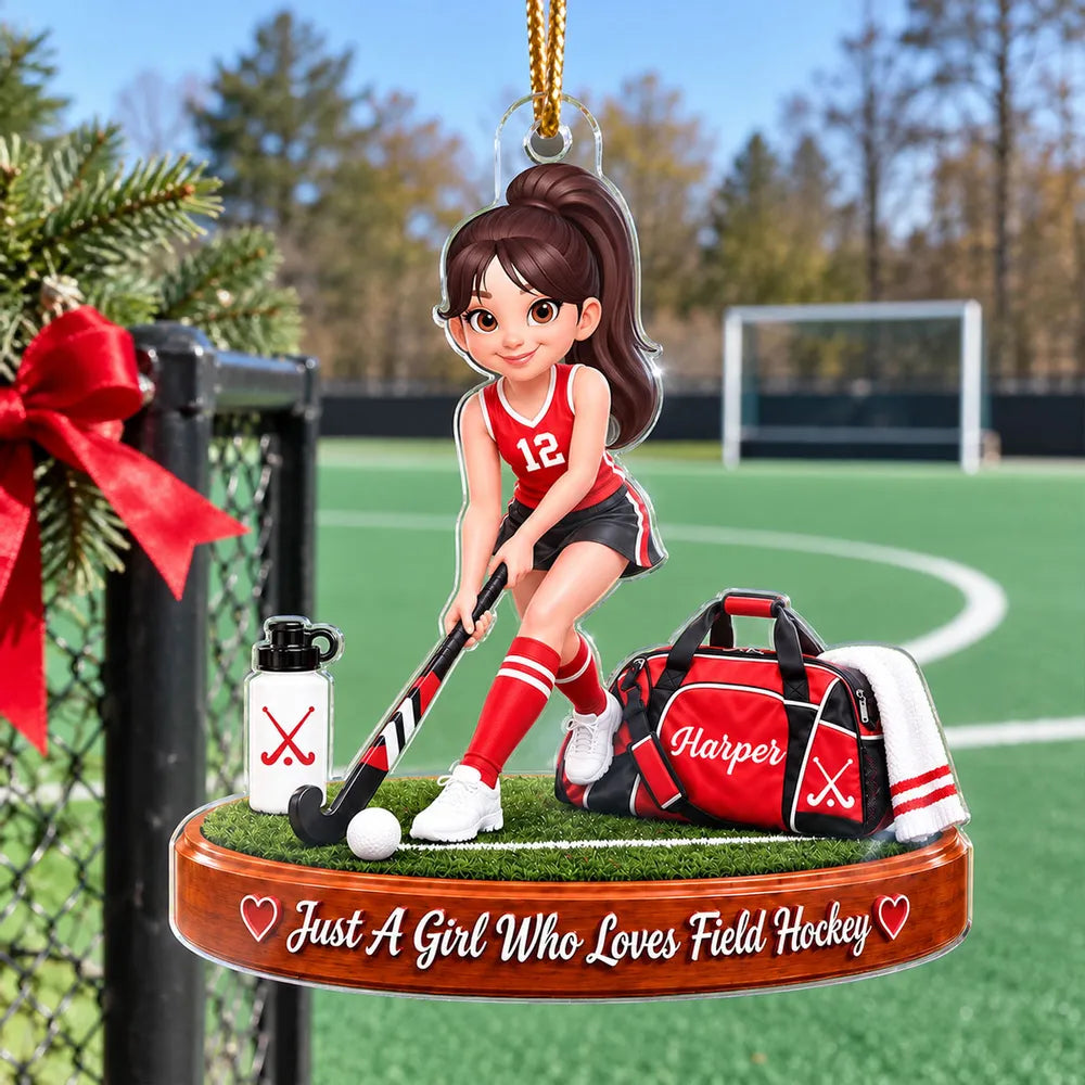 Personalized Acrylic Ornament, Girl Playing Field Hockey on the Pitch, Unique Christmas Gift for Daughter