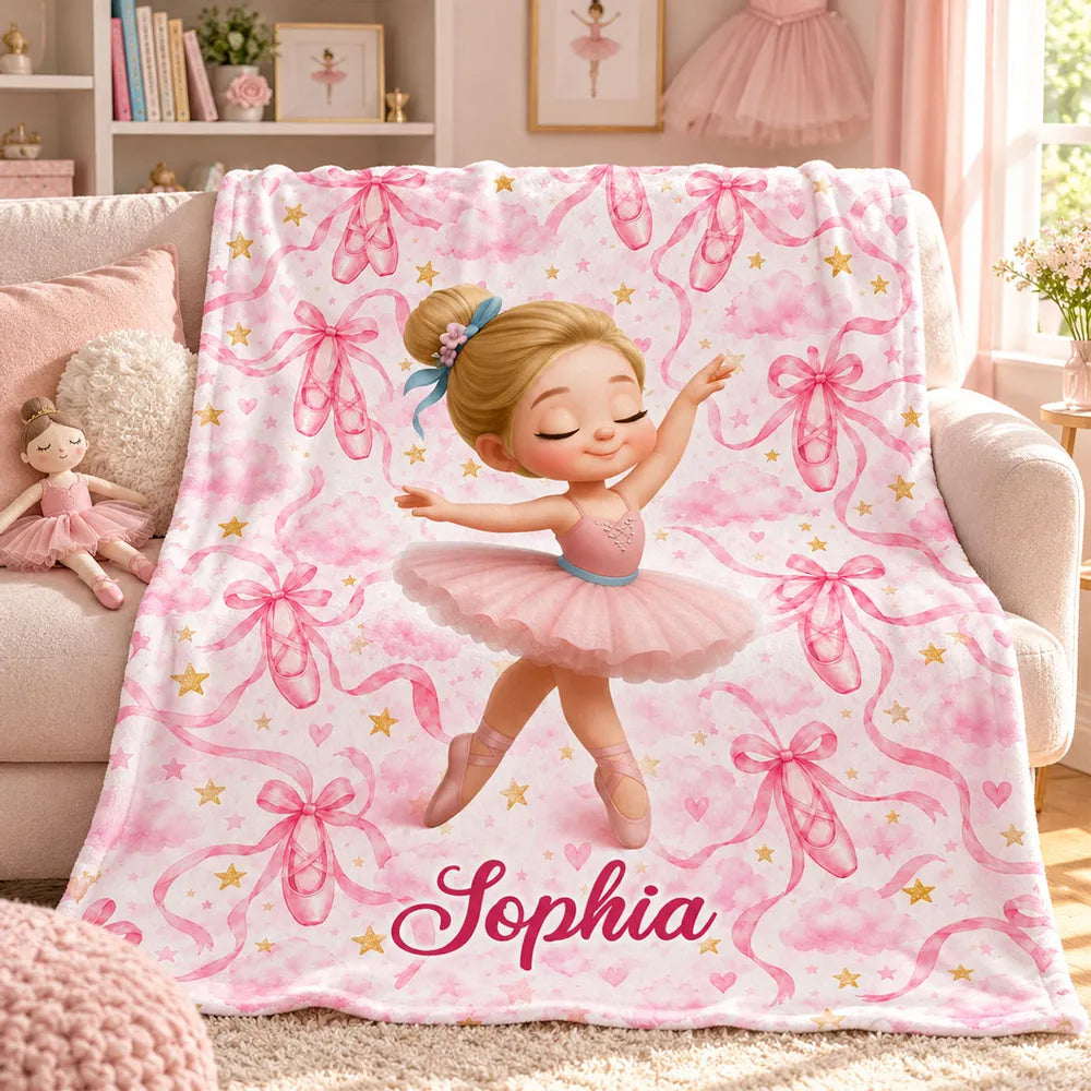 Personalized Fleece Blanket with Dancing Ballerina, Pink Watercolor Keepsake, Unique, Creative Gift for Daughter