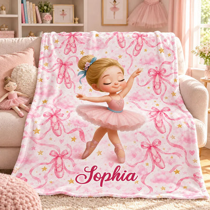Personalized Fleece Blanket with Dancing Ballerina, Pink Watercolor Keepsake, Unique, Creative Gift for Daughter